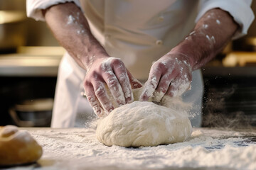 Fototapeta premium chef kneading dough for fresh bread, with flour dusting his hands
