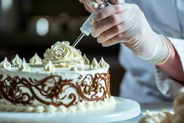 chef decorating a cake with intricate designs, using a piping bag