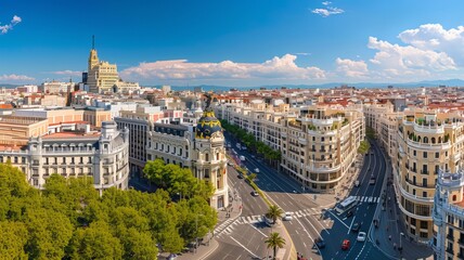 Panoramic aerial view of Gran Via, main shopping street in Madrid, capital of Spain, Europe - obrazy, fototapety, plakaty