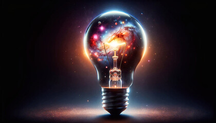 A creative concept image depicting a glowing light bulb with a vibrant galaxy and stars inside, symbolizing cosmic energy and ideas.Think differently creative idea concept.Generative AI 