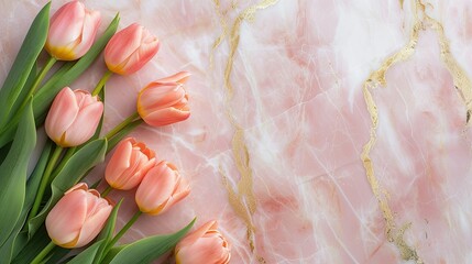 Pink tulips on a marble surface. Spring composition with copy space. Horizontal banner or greeting card for Mother's Day or Women's Day, for wedding