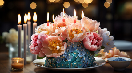 Birthday cake with different decorations from fresh flowers and candles