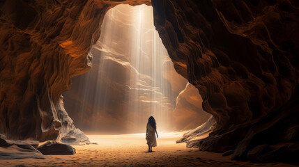 Person Standing in Cave, Looking at Light