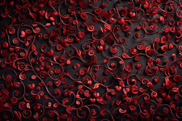 Romantic backdrop with a tapestry of small red hearts and curling ornaments
