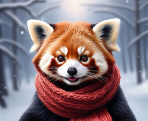 Red panda in a knitted scarf, Christmas mood.