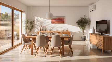 Set of dark wooden furniture in the beige color dining room. Concept of design and stylish light interior