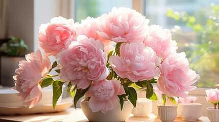 Bouquet of a beautiful peony in a vase, soft focus background