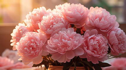 Bouquet of a beautiful peony in a vase, soft focus background