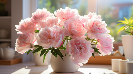 Bouquet of a beautiful peony in a vase, soft focus background