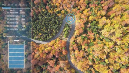 Autonomous electric car driving on a forest road with battery level and GPS coordinates on screen - 3d render