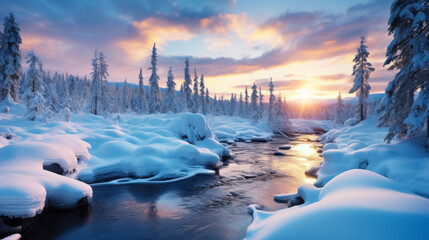A River Flowing Through a Snow Covered Forest
