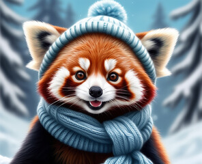 Obraz premium Red panda in a knitted scarf and hat, Christmas mood.