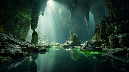 Fototapeta premium Majestic Cave Filled With Water Surrounded by Rocks