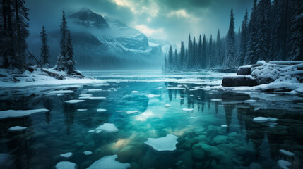 A Lake Surrounded by Snow Covered Trees Under a Cloudy Sky