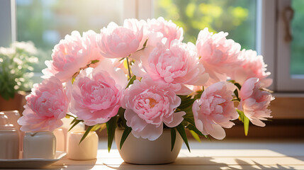 Bouquet of peony in a vase, soft focus background