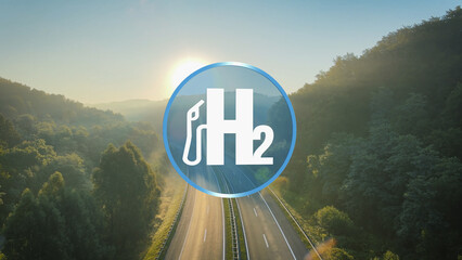 Electric truck powered by Hydrogen, driving on a highway with a H2 Symbol - 3D render