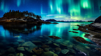 Aurora Borealis Over Lake With Rocks and Trees