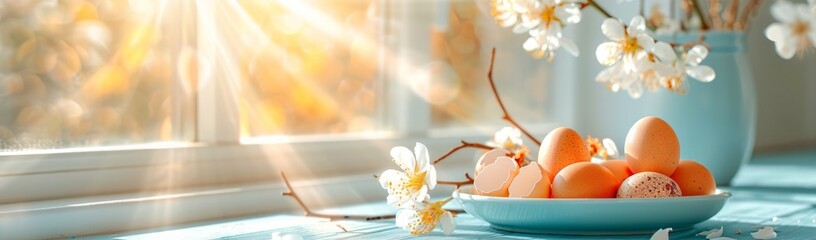 easter eggs on plate, spring flowers in bloom on a kitchen desk, the sun is shining through the window, it's a beautiful spring day. Generative AI