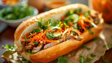 Vietnamese banh mi sandwich, savory pork, pickled carrots, and fresh herbs, topped with sesame seeds on a crunchy baguette