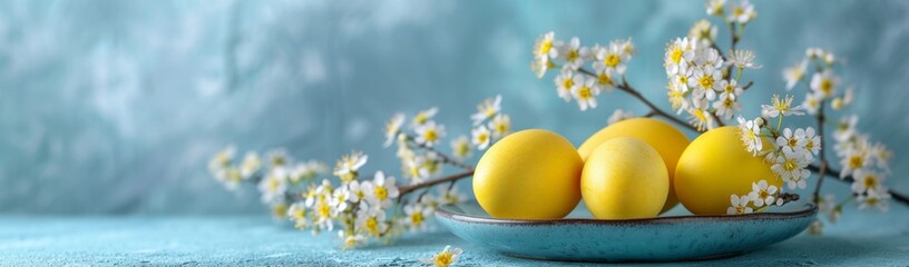 yellow easter eggs and spring flowers in bloom on a sunny day on blue background. Easter banner....