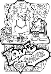 Colouring book vector page for adult woman. Hobby for relax and anti stress. Hand drawn illustration collection set with bohemian style beautiful young woman doing manicure spa.
