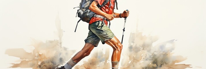 Male tourist with backpack on minimalistic light background, side view. watercolor style - obrazy, fototapety, plakaty