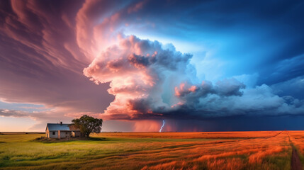 Naklejka premium House in the Middle of a Field Under a Cloudy Sky