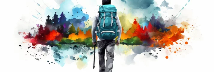 Foto op Plexiglas Male tourist with blue backpack, rear view. watercolor style © Nikolai