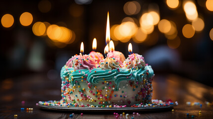 Colored birthday cake with different colored candles. Colored lights and confetti	