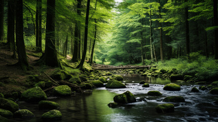Obraz premium A Stream Flowing Through a Lush Green Forest