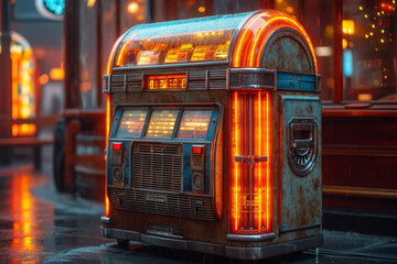 A vintage jukebox playing oldies, setting a mood of nostalgia and timeless melodies. Concept of...