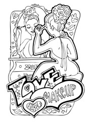 Colouring book pages for adult woman. Hobby for relax and anti stress. Hand drawn illustration collection set with bohemian style beautiful young woman doing make up.