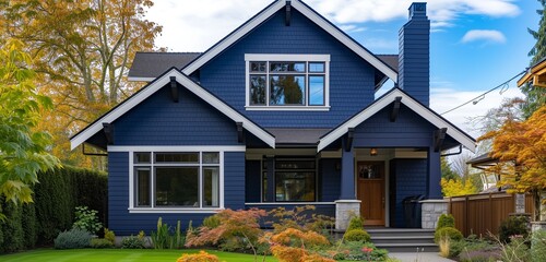 Side angle view of a midnight blue house in a suburban setting, with conventional windows, during a bright clear day.