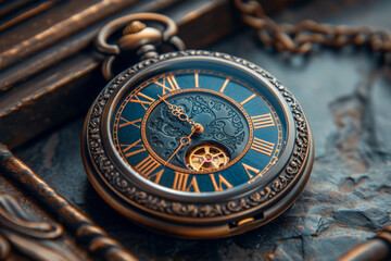 Fototapeta na wymiar An antique pocket watch, exuding elegance and craftsmanship from a bygone era. Concept of timeless accessories and vintage elegance. Generative Ai.