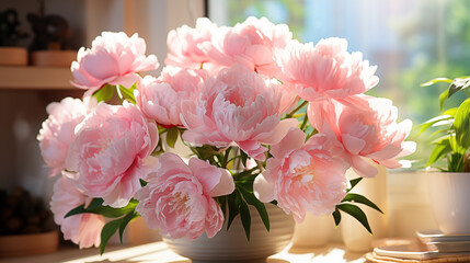 Bouquet of pink peony in a vase, soft focus background