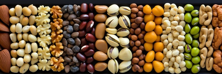 Assorted nuts and dried fruits collage, divided by vertical lines, bright dark light, top view