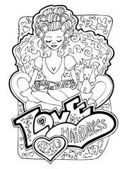 Colouring book page for adult woman. Hobby for relax and anti stress. Hand drawn illustration collection set with bohemian style beautiful young woman doing hair in beauty salon.