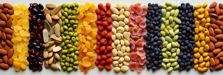 Top view collage of assorted nuts and dried fruits with vertical dividers and bright white light