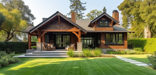 Side angle view of a rustic brown craftsman cottage, unique architectural elements, green backyard oasis. - obrazy, fototapety, plakaty
