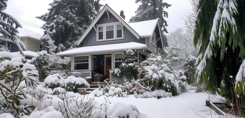 Side angle view of a silver-gray craftsman cottage with a snow-covered winter garden and evergreens in the backyard.