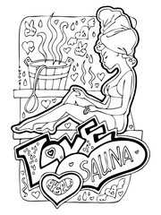 Colouring book page for adult woman. Hobby for relax and anti stress. Hand drawn illustration collection set with bohemian style beautiful young woman take a sauna in beauty salon.