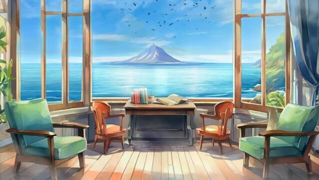 reading room with table, chairs, books with beautiful sea view from the window. Cartoon or Japanese anime watercolor illustration painting style. seamless looping 4K virtual video animation background