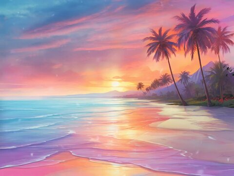 Quiet beach at sunset with gentle waves slapping the beach, and palm trees,seamless looping 4k video animation background