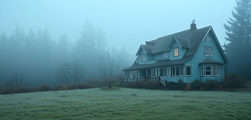 Side angle view of an aquamarine suburban house, traditional windows, on a vast plot, foggy spring morning.