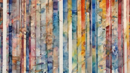 An abstract multicolor striped artwork, watercolor technique with splashes and dots of color. Contemporary surrealist painting. Modern poster for wall decoration