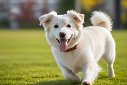 A cute white dog is running in the garden.