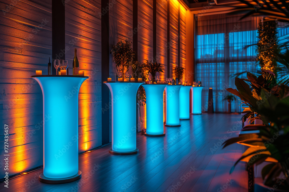 Poster a corporate event with teal gels, adding a modern and professional touch to the space. concept of co