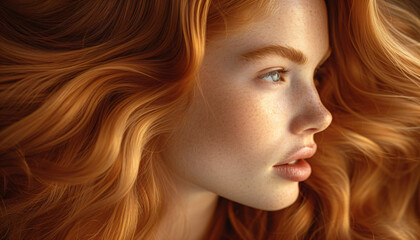 Portrait of a woman with long beautiful ginger hair
