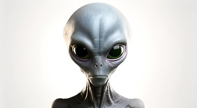 Extraterrestrial being portrait with large, captivating green eyes and a smooth blue-grey complexion, isolated on a white background.