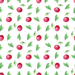 Seamless pattern  cherry and mint leaves.
Watercolor illustration. Art for design
